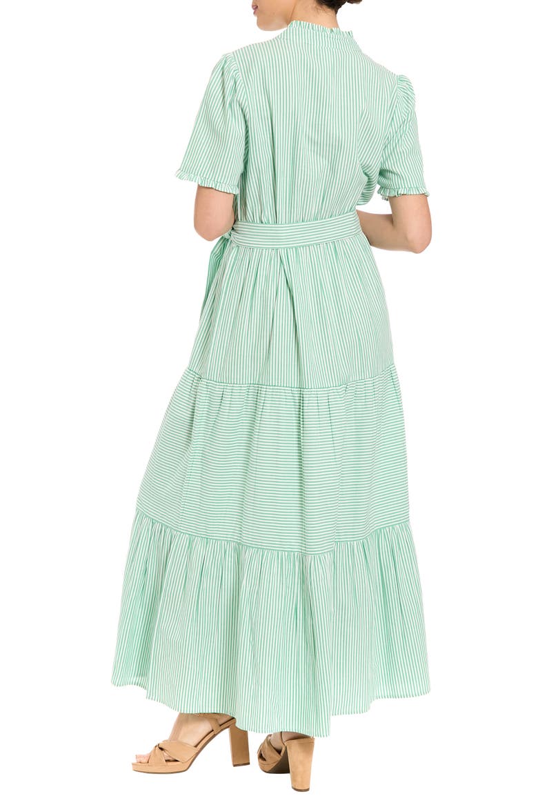 Stripe Short Sleeve Tie Waist Tiered Cotton Maxi Dress, Alternate, color, GREEN/ WHITE