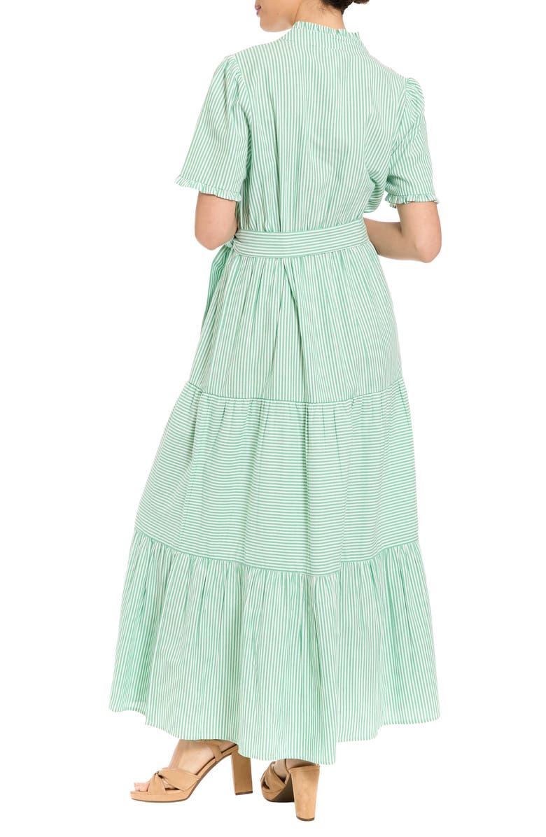 London Times Stripe Short Sleeve Tie Waist Tiered Cotton Maxi Dress, Alternate, color, Green/ White