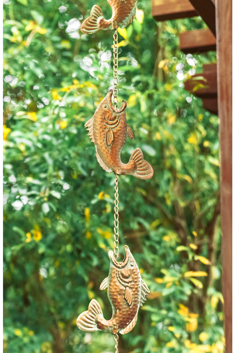 8.5ft Faux Copper Patina Finish Fish Shaped Rain Chain with Clip, Alternate, color, Gold