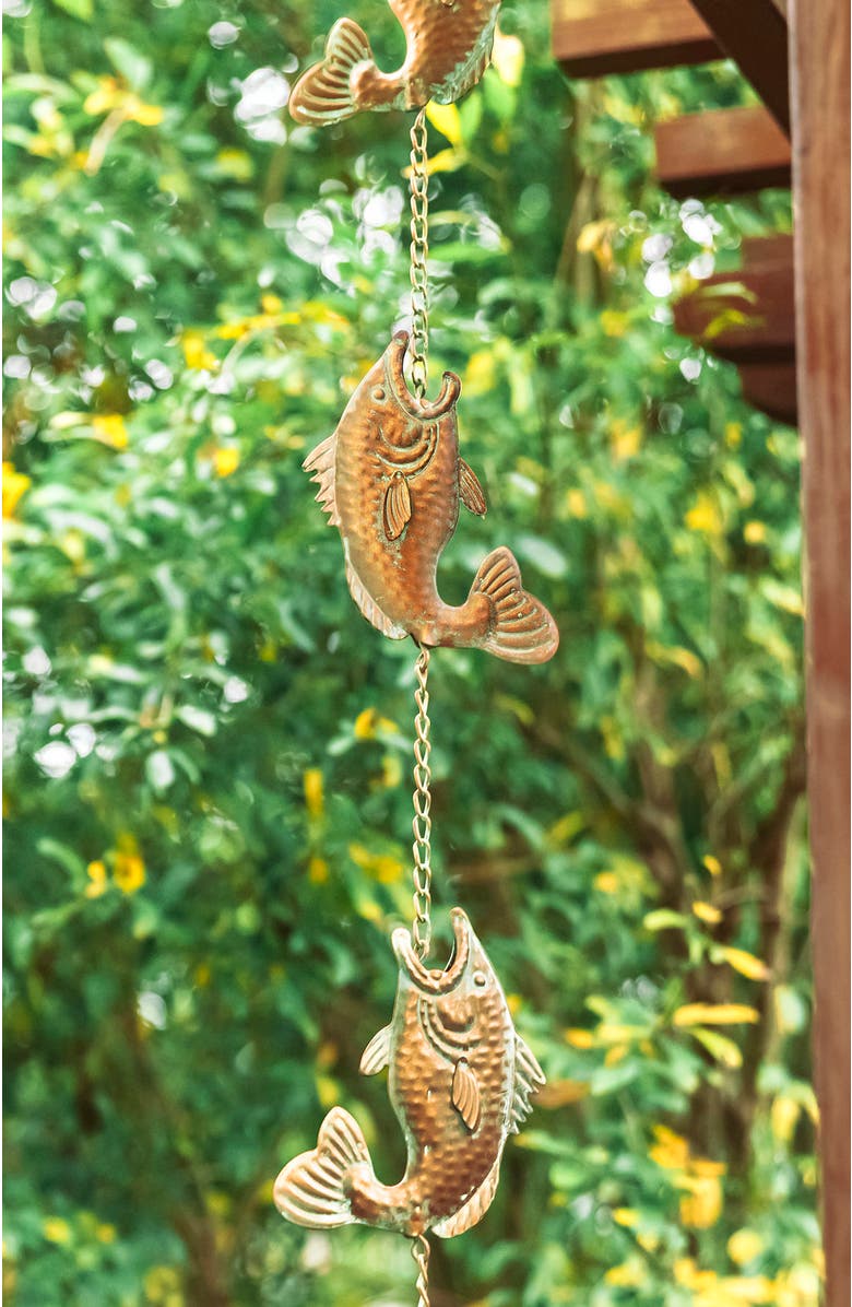 Glitzhome 8.5ft Faux Copper Patina Finish Fish Shaped Rain Chain with Clip, Alternate, color, Gold
