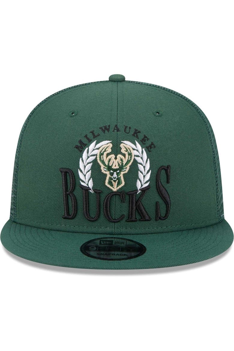 Men's New Era  Hunter Green Milwaukee Bucks Bold Laurels 9FIFTY Snapback Hat, Alternate, color, Hunter Green