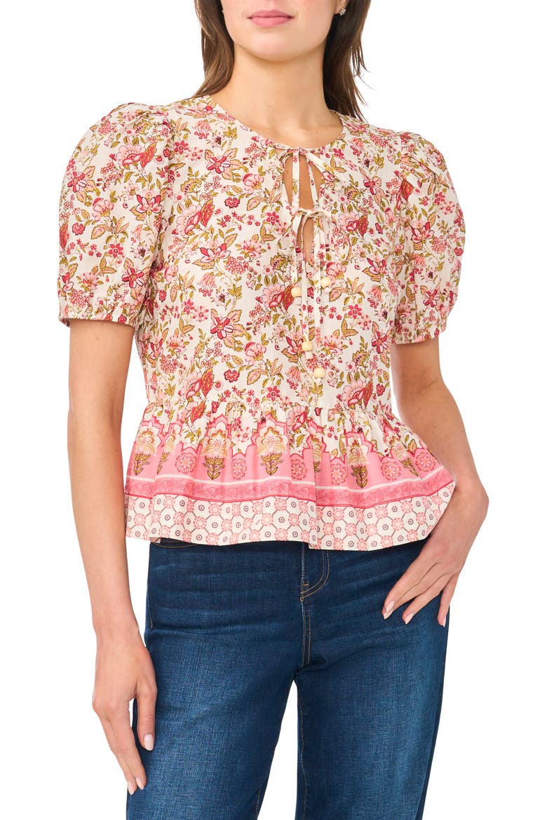 Floral Puff Sleeve Cotton Peplum Top, Main, color, PLUMERIA