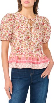 CeCe Floral Puff Sleeve Cotton Peplum Top