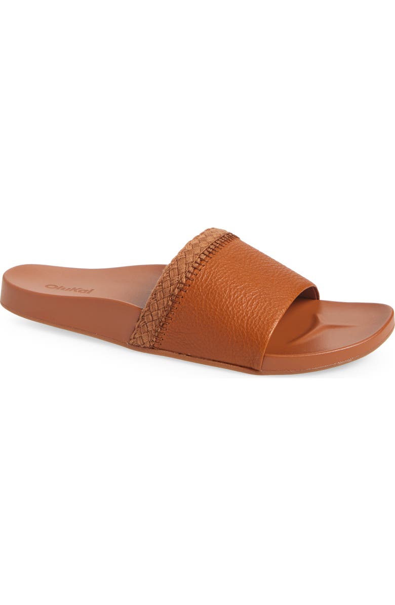 OluKai Pākea Leather Slide Sandal, Main, color, Fox / Fox