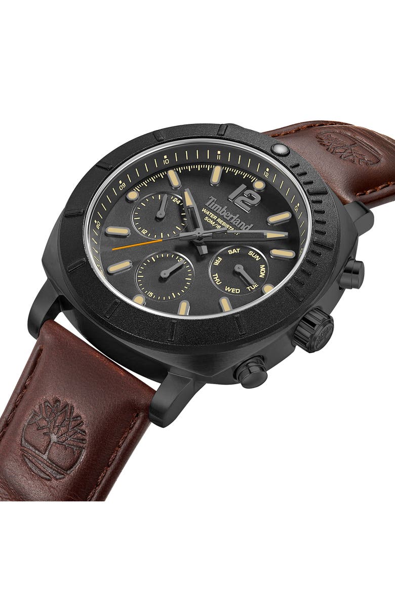 Timberland Pyperville Multifunction Leather Strap Watch, 45mm, Alternate, color, Dark Brown
