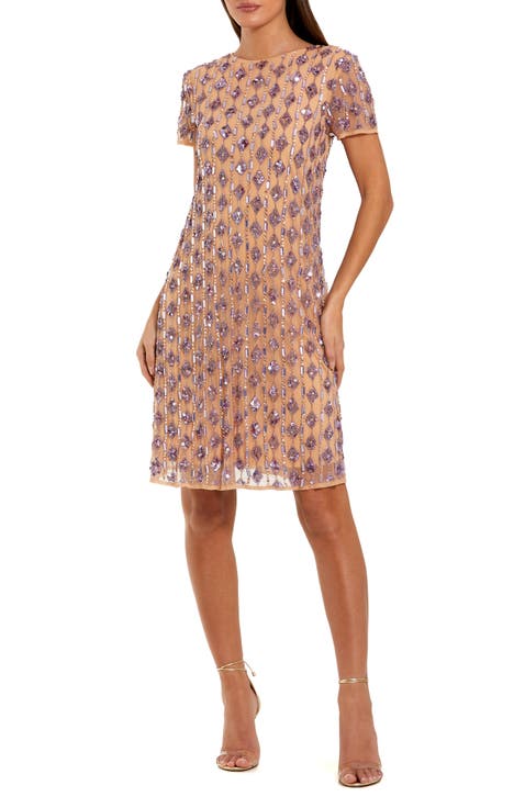 Mesh Beaded Cap Sleeve A Line Above Knee Dress