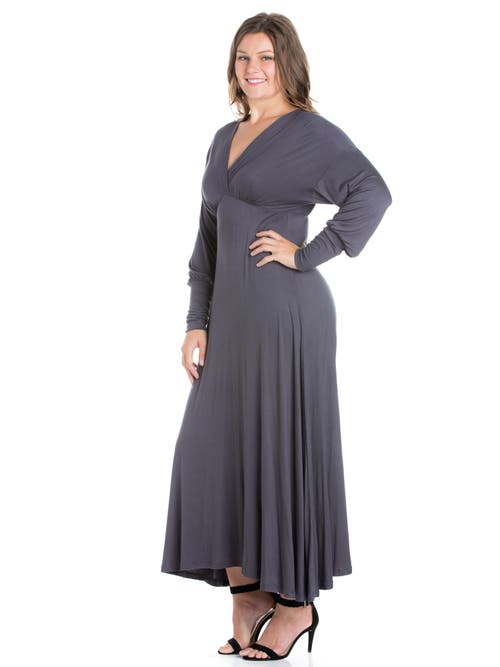 24seven Comfort Apparel Plus Size V-neck Long Sleeve Maxi Dress In Gray