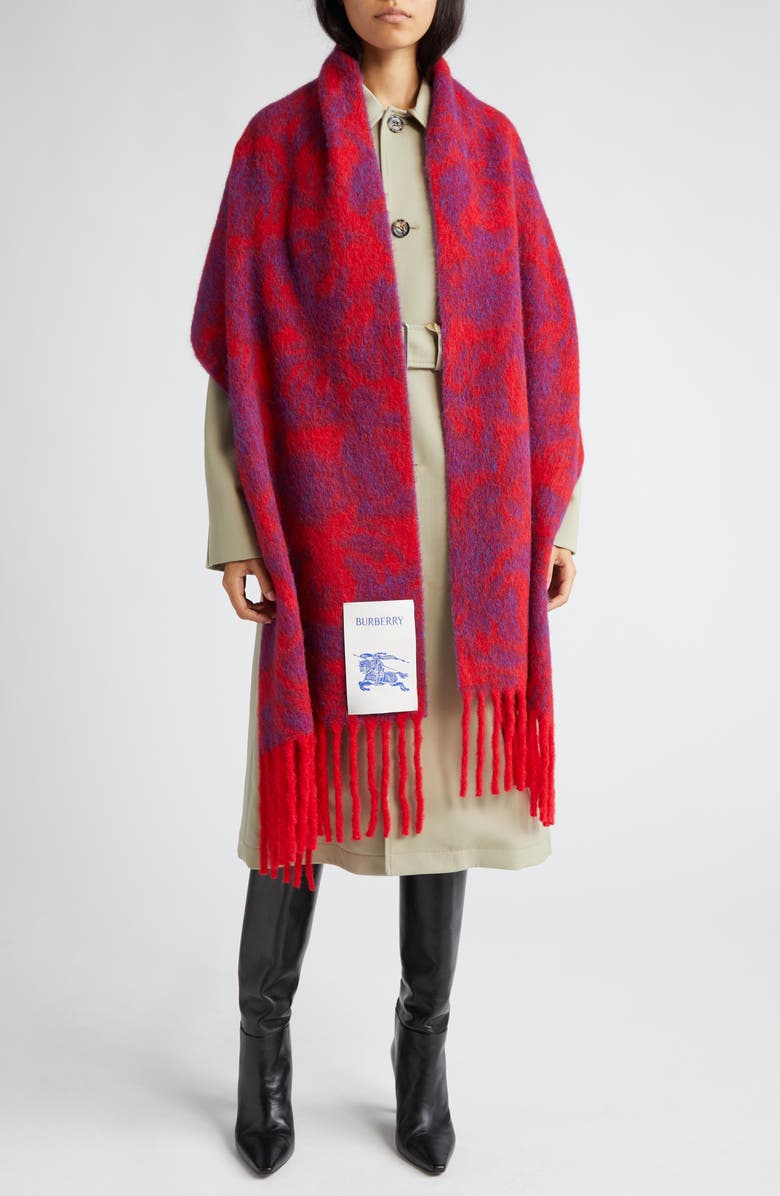 Burberry Water Rose Alpaca, Mohair & Wool Blend Fringe Scarf, Alternate, color, Pillar