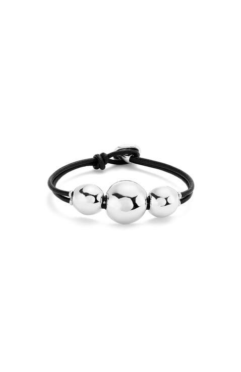 Sterling Silver-Plated Leather Strap with Three Large Central Balls