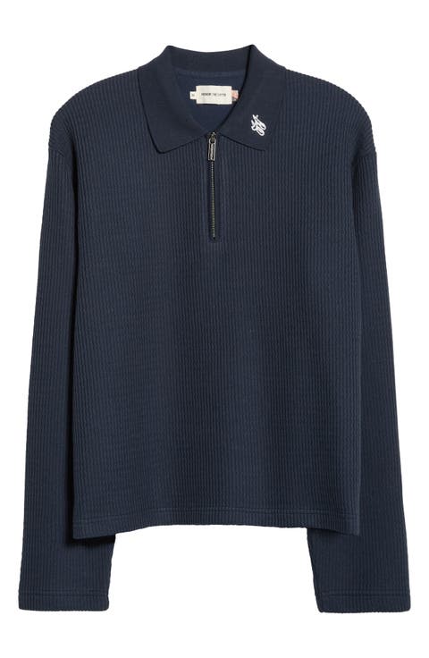 Wavy Knit Long Sleeve Zip Polo