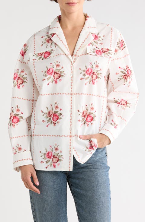 Windowpane Print Long Sleeve Button-Up Shirt