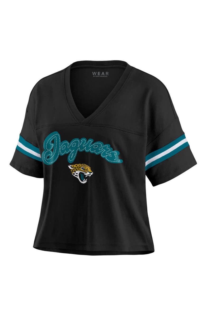 WEAR by Erin Andrews Women's WEAR by Erin Andrews Black Jacksonville Jaguars Color Block Boxy V-Neck T-Shirt, Alternate, color, 