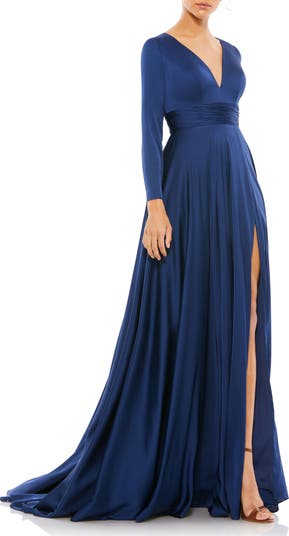 Long Sleeve Ruched Waist A-Line Gown