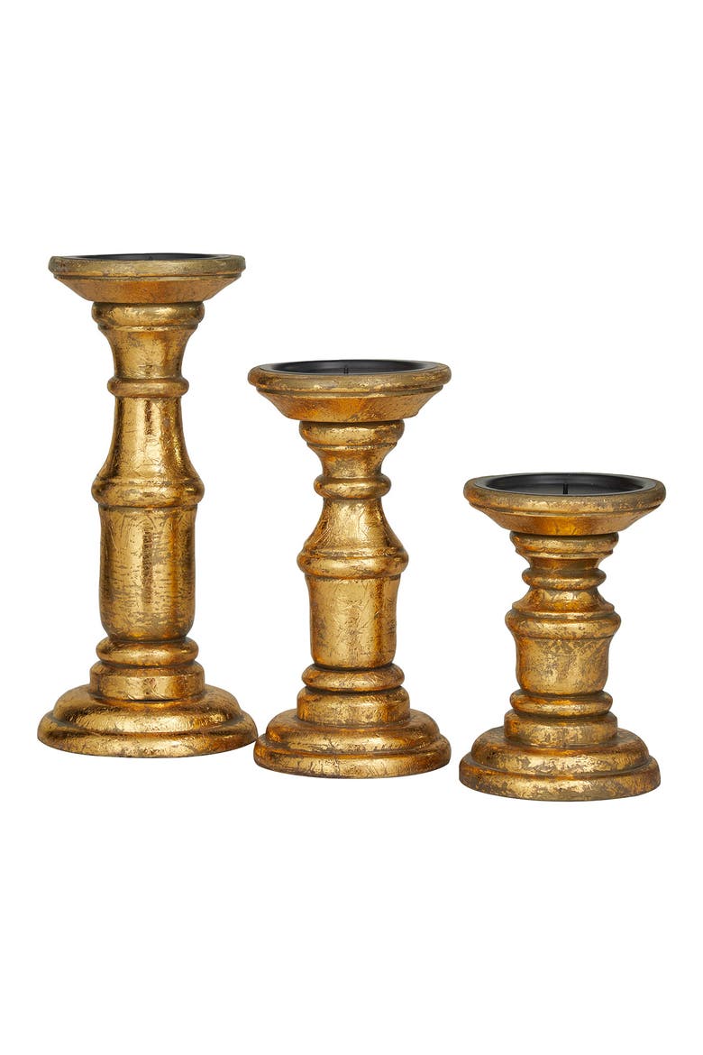Goldtone Mango Wood Turned Style Pillar Candle Holder - Set of 3, Alternate, color, GOLD