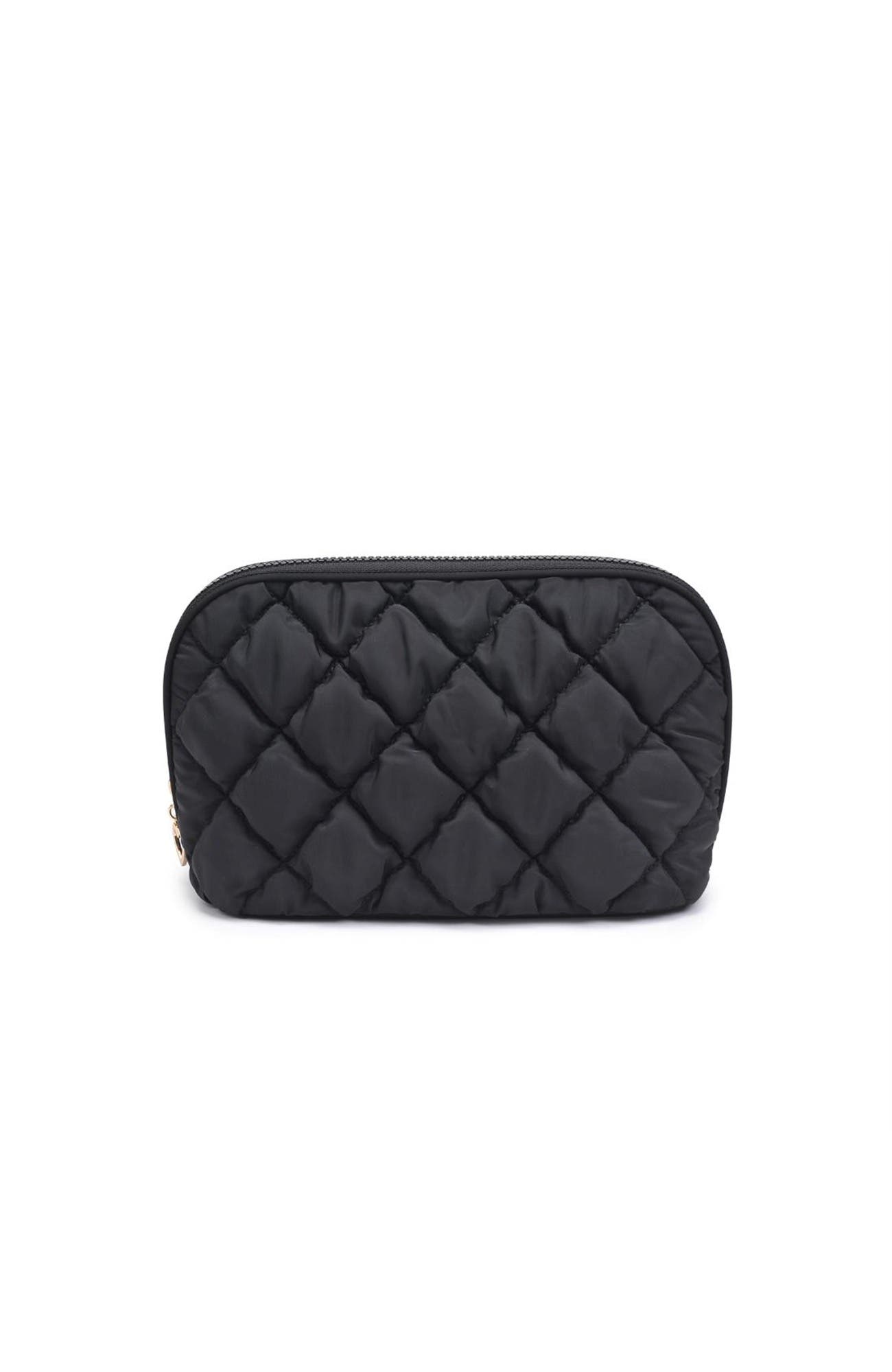 Cloud Kiss - Quilted Puffer Nylon Cosmetic & Travel Organizer Dome Pouch, Main, color, Black