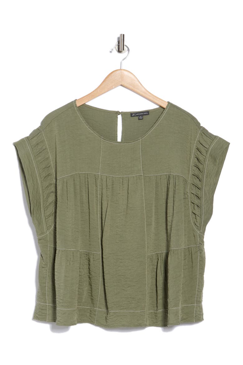 Topstitched Crinkled Cap Sleeve Top, Alternate, color, OIL GREEN/ IVORY