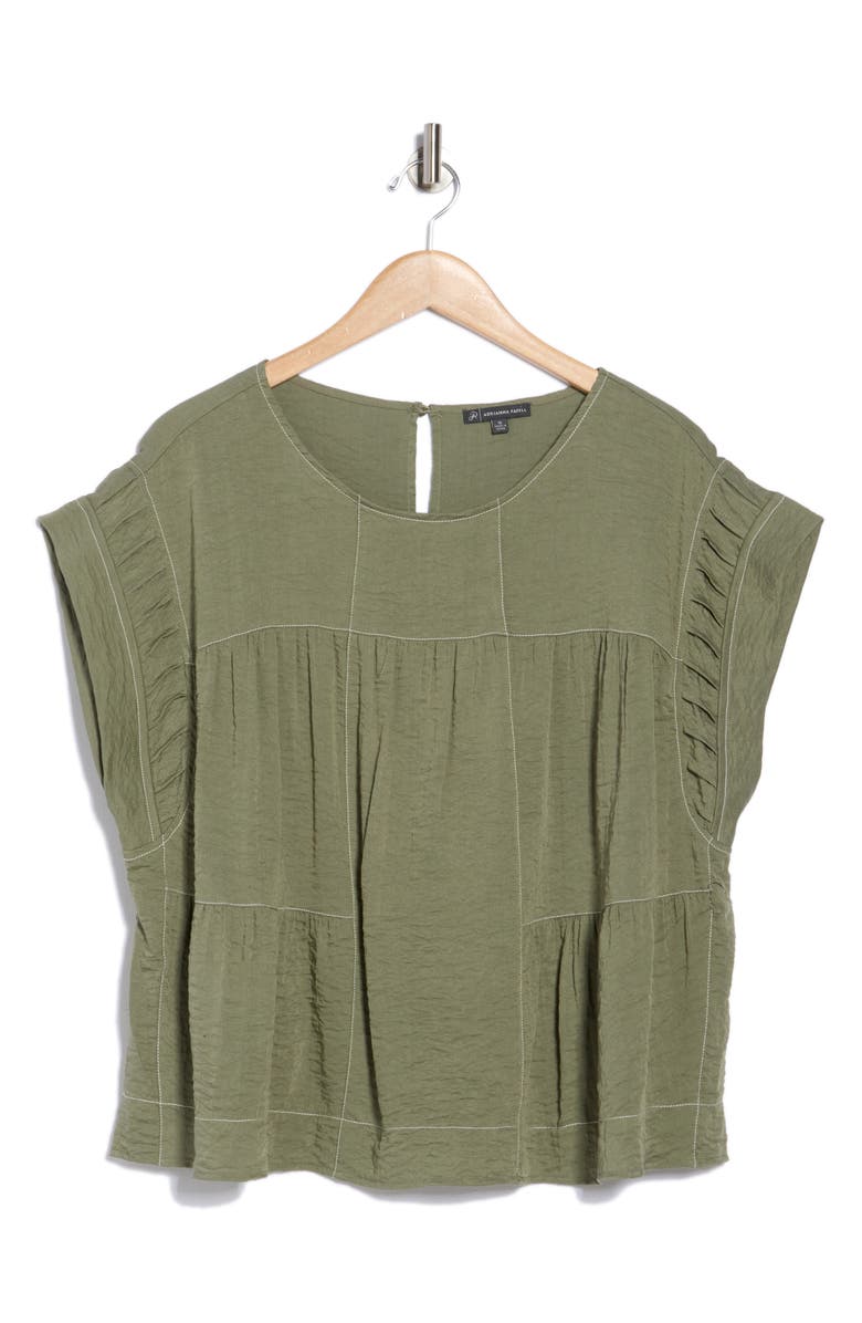 Adrianna Papell Topstitched Crinkled Cap Sleeve Top, Alternate, color, Oil Green/ Ivory