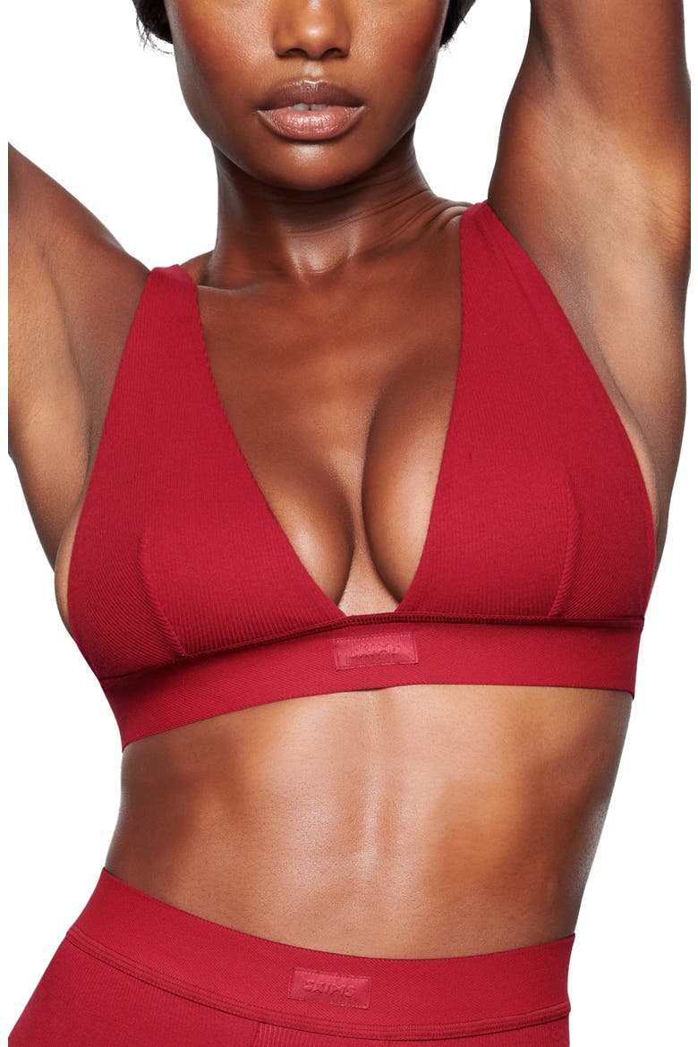 Stretch Cotton Rib Plunge Bralette, Main, color, BRICK