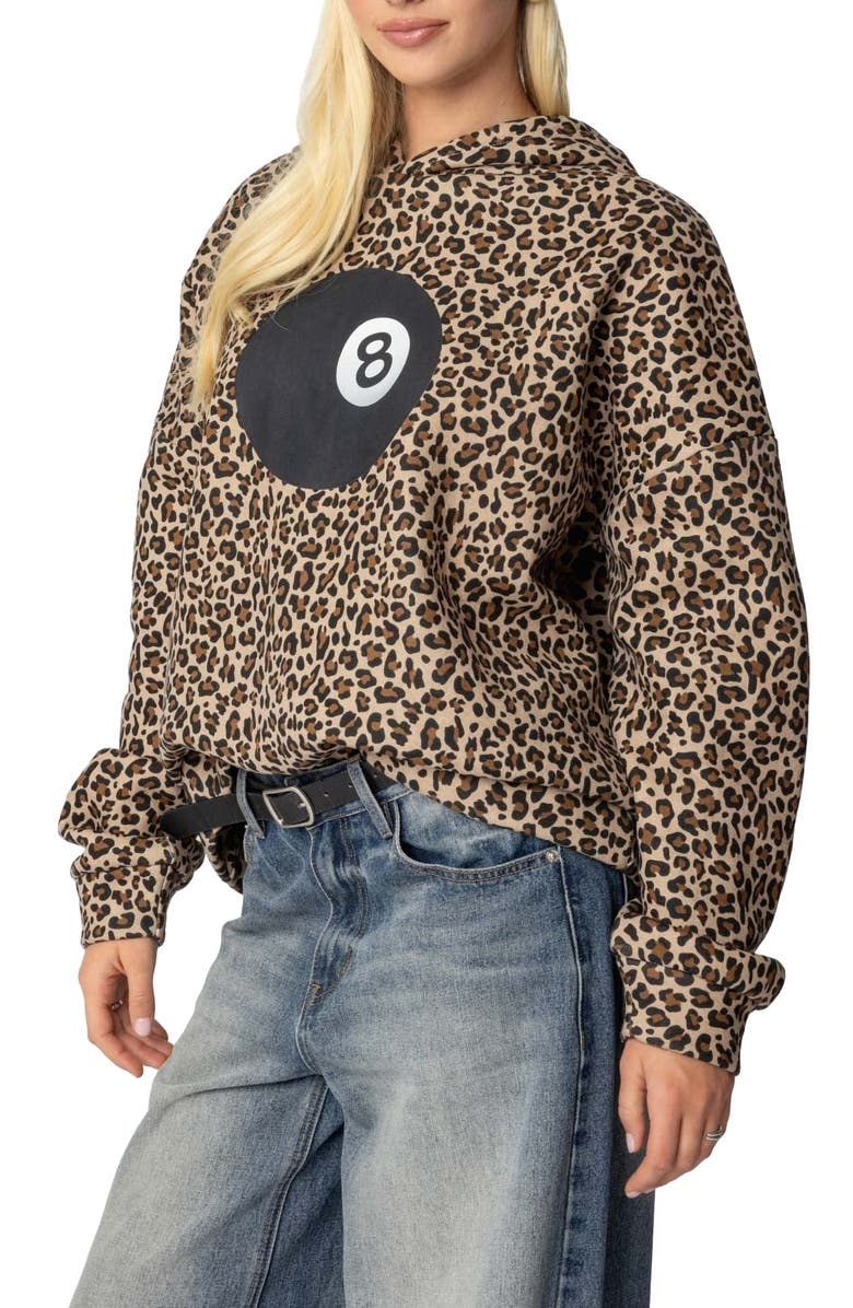 EDIKTED 8 Ball Leopard Print Oversize Graphic Hoodie, Alternate, color, Leopard