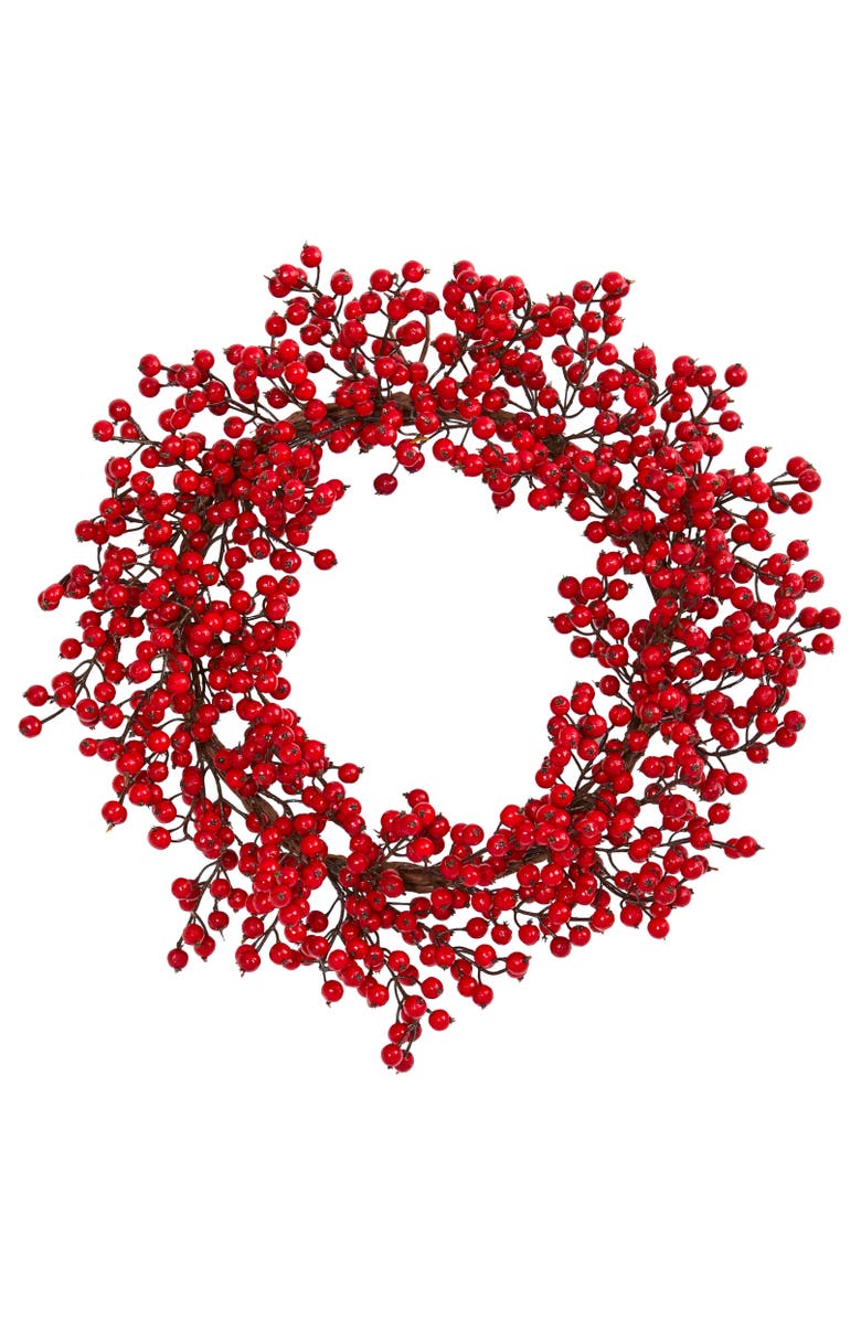 NEARLY NATURAL 22-in Berry Artificial Wreath, Main, color, Red