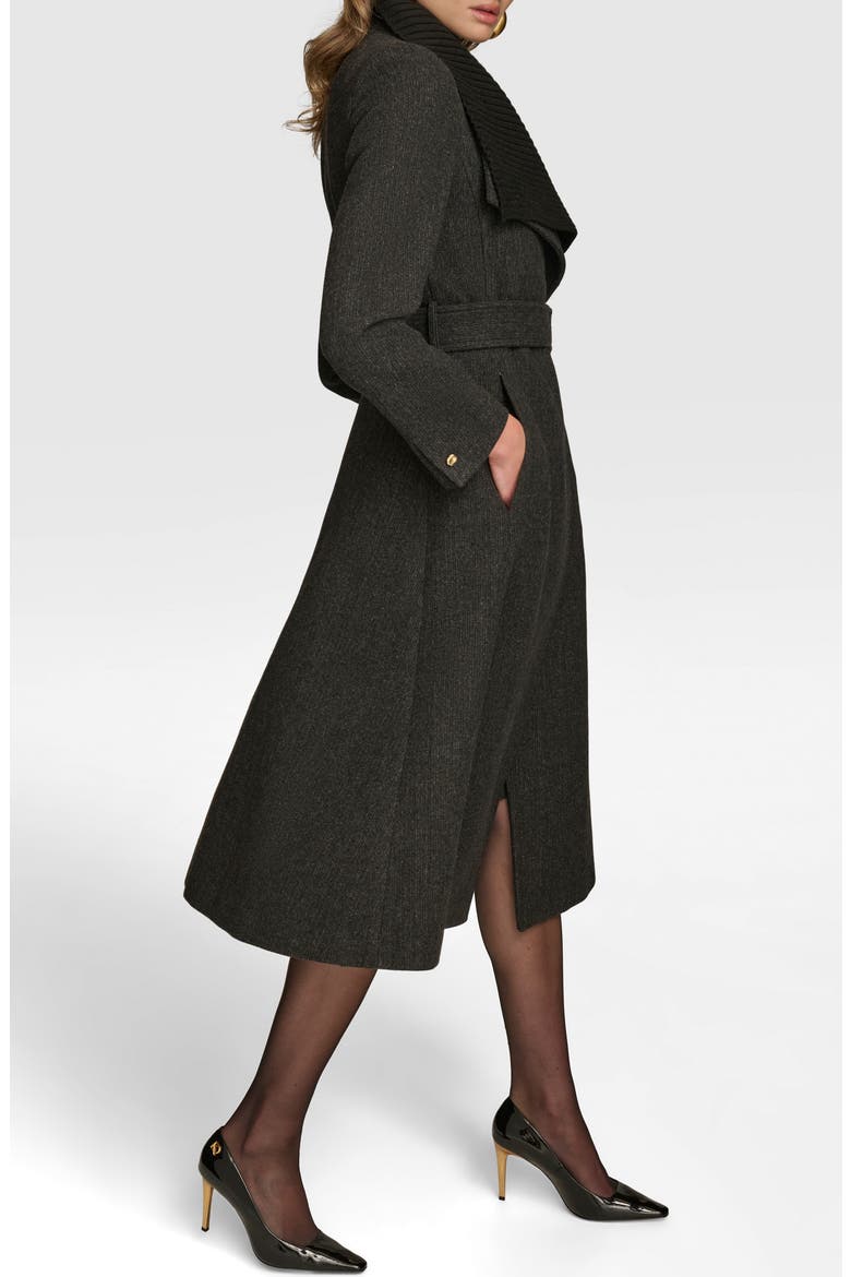 Rib Belted Wool Blend Wrap Coat with Bib, Alternate, color, BLACK