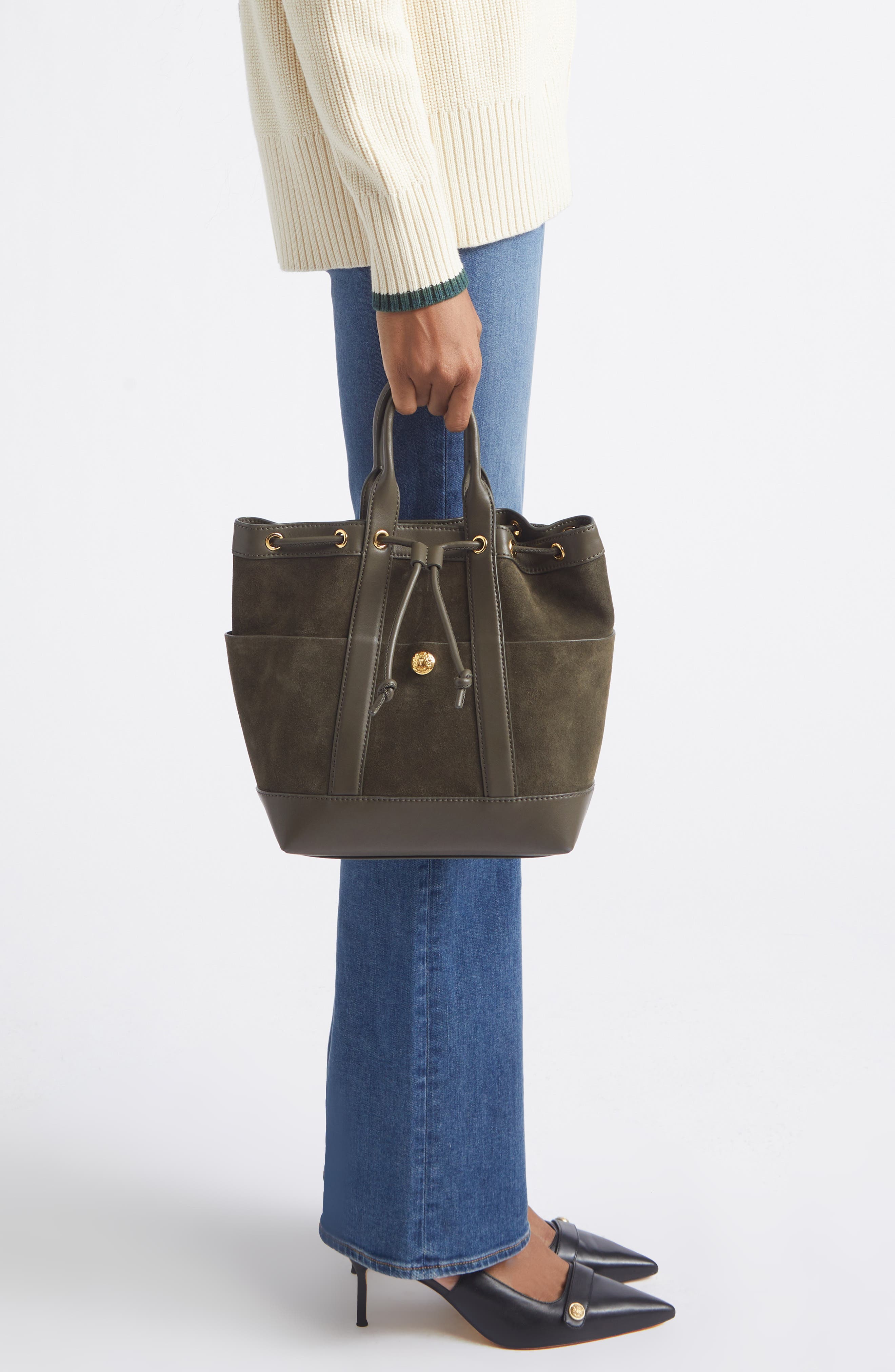 Goody Bag Suede & Leather Bucket Bag, Alternate, color, CYPRESS