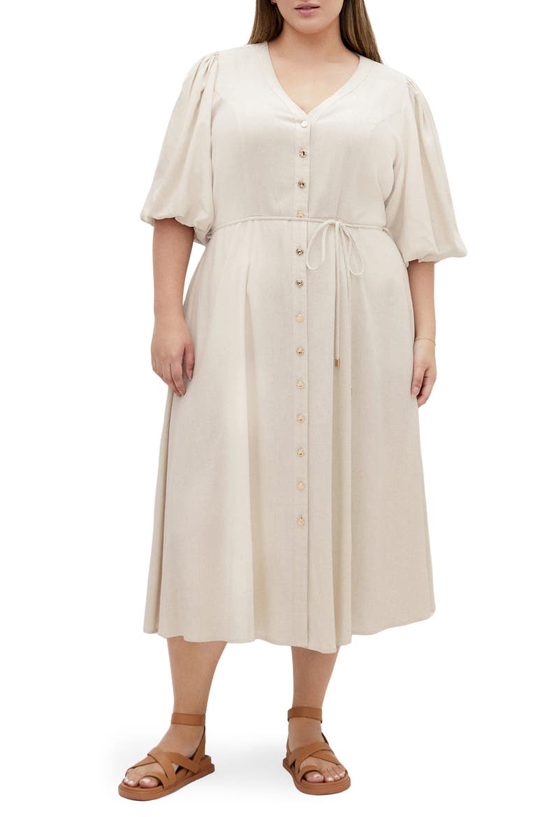 Dahlia Puff Sleeve Midi Dress, Main, color, NATURAL