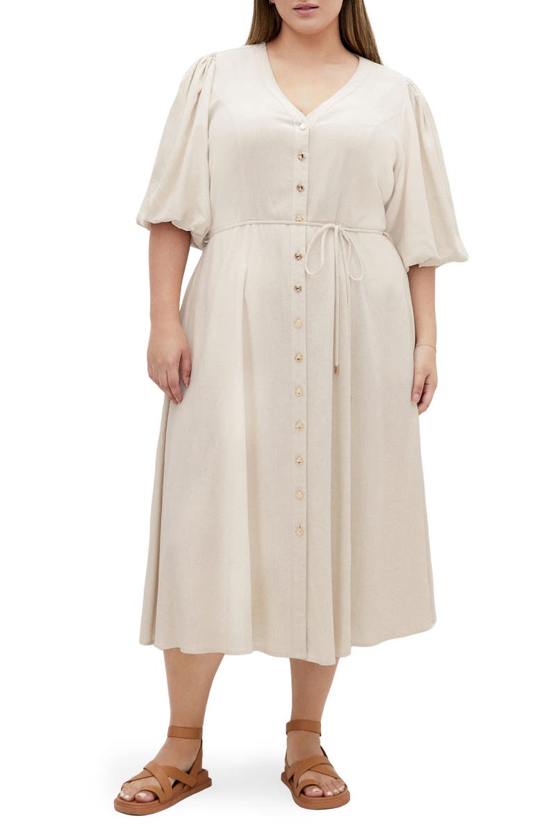 City Chic Dahlia Puff Sleeve Midi Dress, Main, color, Natural