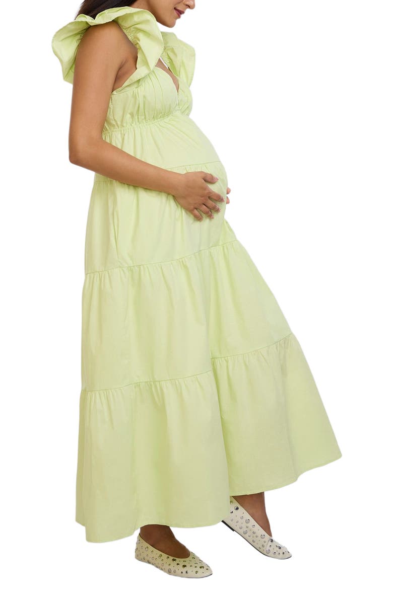 MOTHERHOOD MATERNITY Ruffle Sleeve Tie-Back Maternity Maxi Dress, Alternate, color, Soft Lime