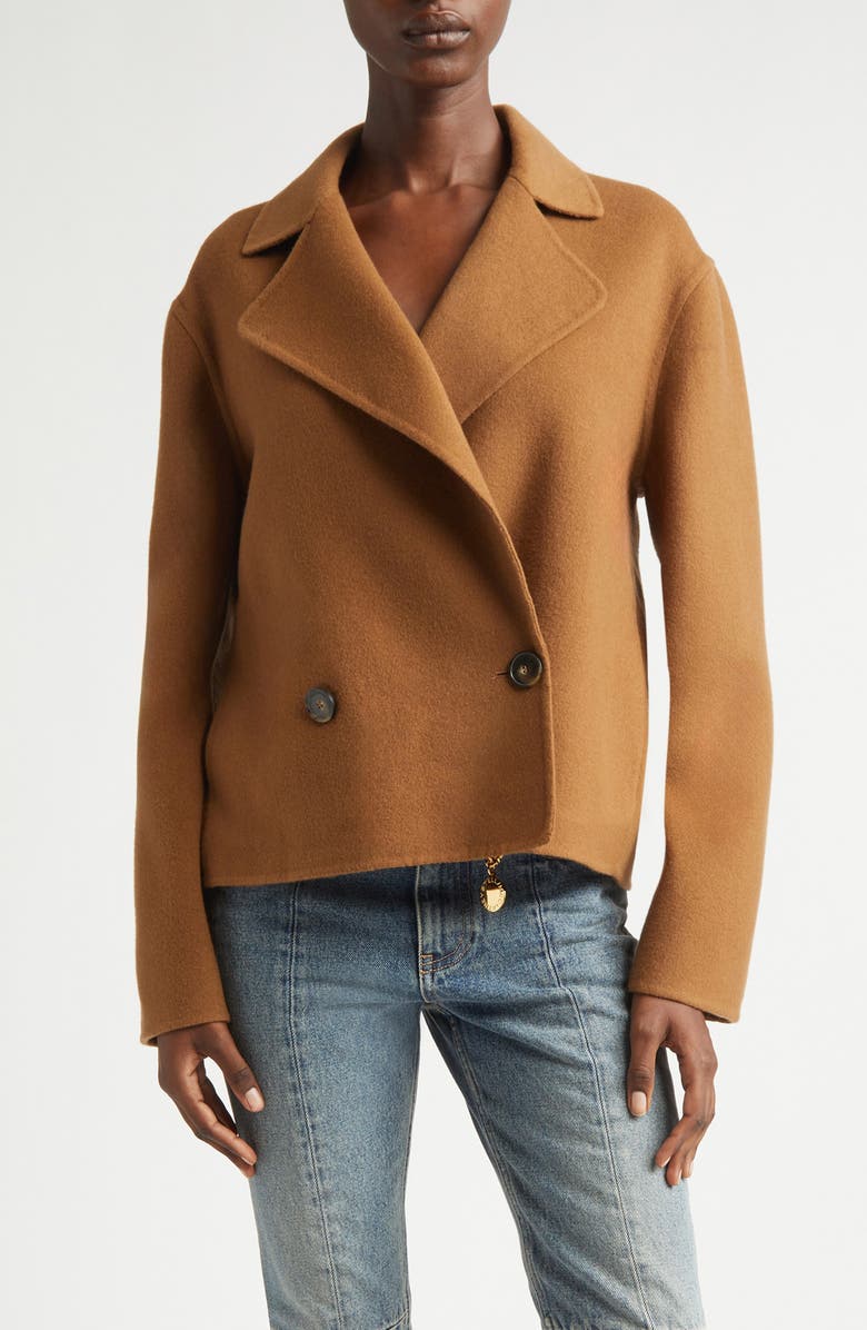 Stella McCartney Crop Wool Peacoat, Main, color, Toffee