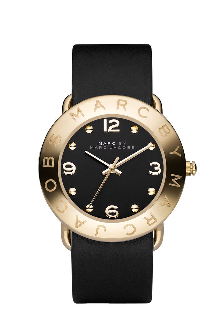 'Amy' Leather Strap Watch, 36mm, Main, color, BLACK
