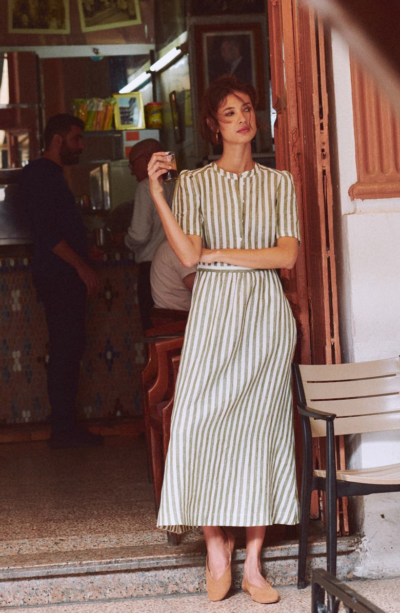Boden Ivy Linen Midi Dress, Alternate, color, Green Stripe