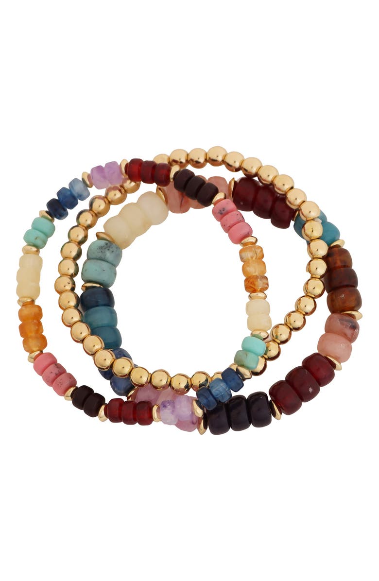 Panacea Set of 3 Multicolor Stone Beaded Stretch Bracelets, Main, color, Multi Gold