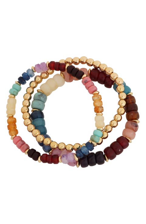 Set of 3 Multicolor Stone Beaded Stretch Bracelets