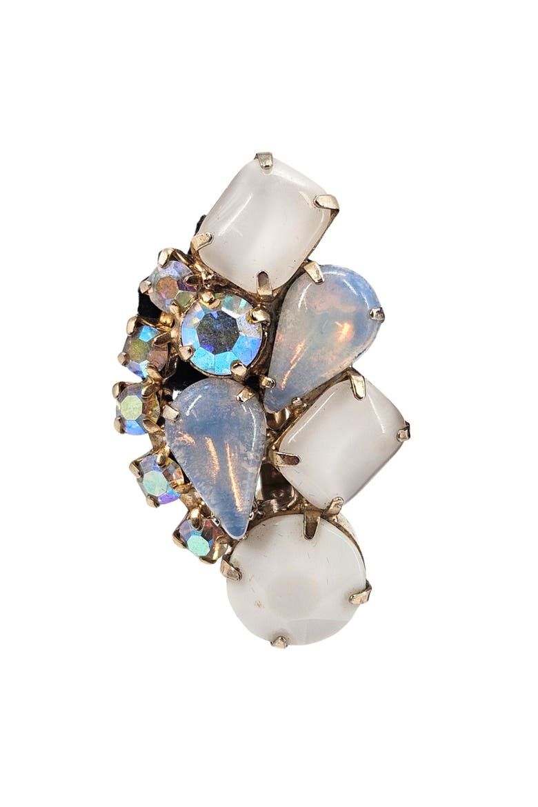 Vintage clip Milk Glass,Aurora Borealis irridescent Rhinestone Earrings, Alternate, color, Gold