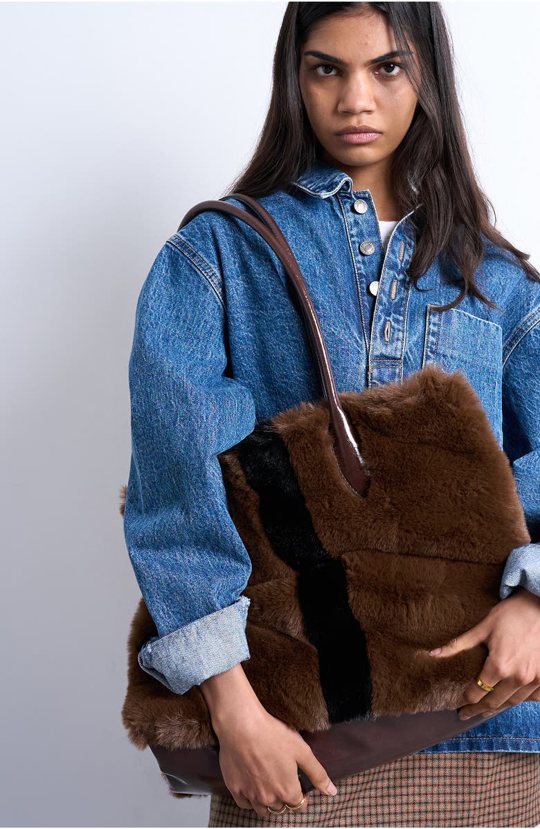 Topshop Faux Fur Tote, Alternate, color, Brown
