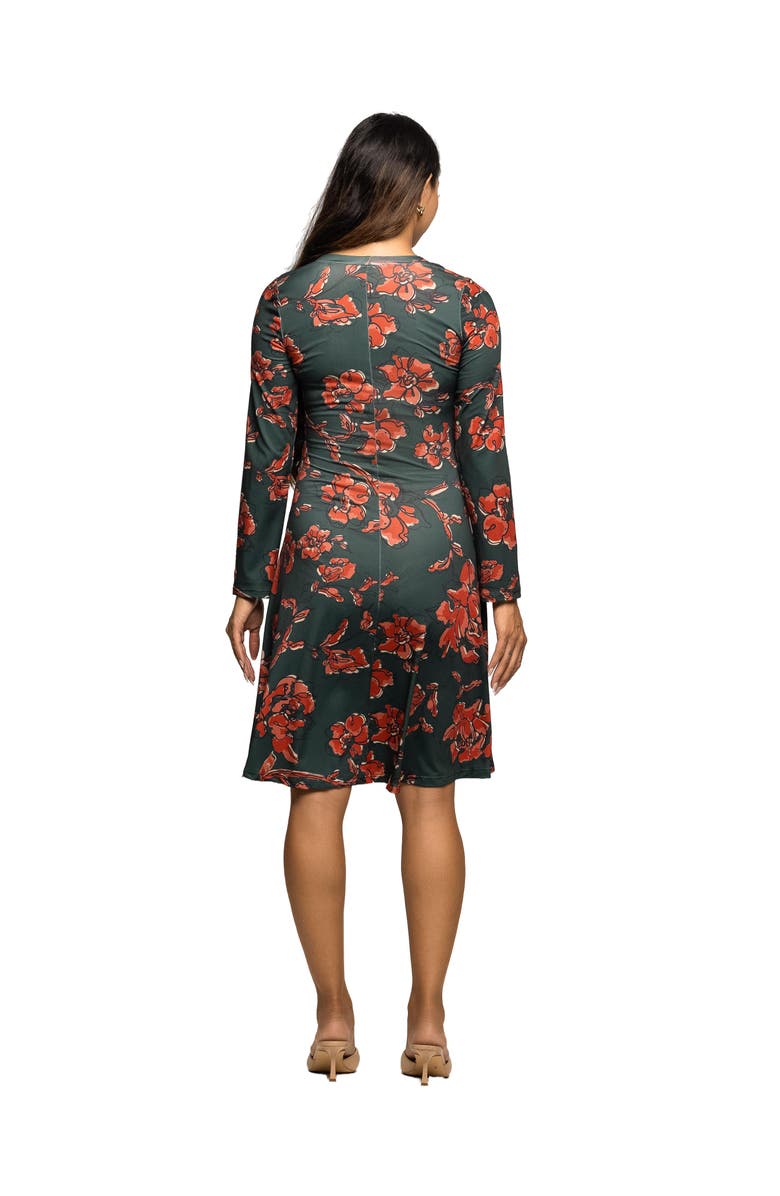24seven Comfort Apparel Long Sleeve Fit and Flare Dress in Floral Print, Alternate, color, Green Multi