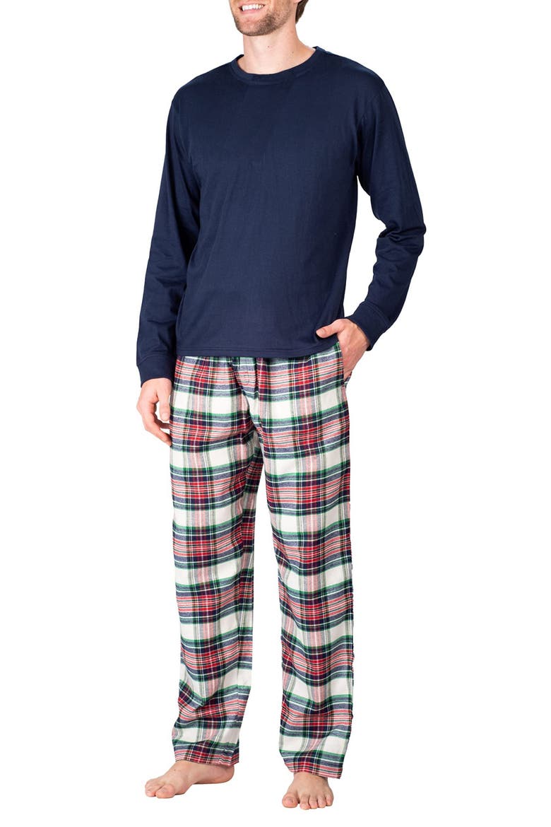 Long Sleeve Crewneck Flannel Pajama Set, Main, color, DARK NAVY TARTAN PLAID
