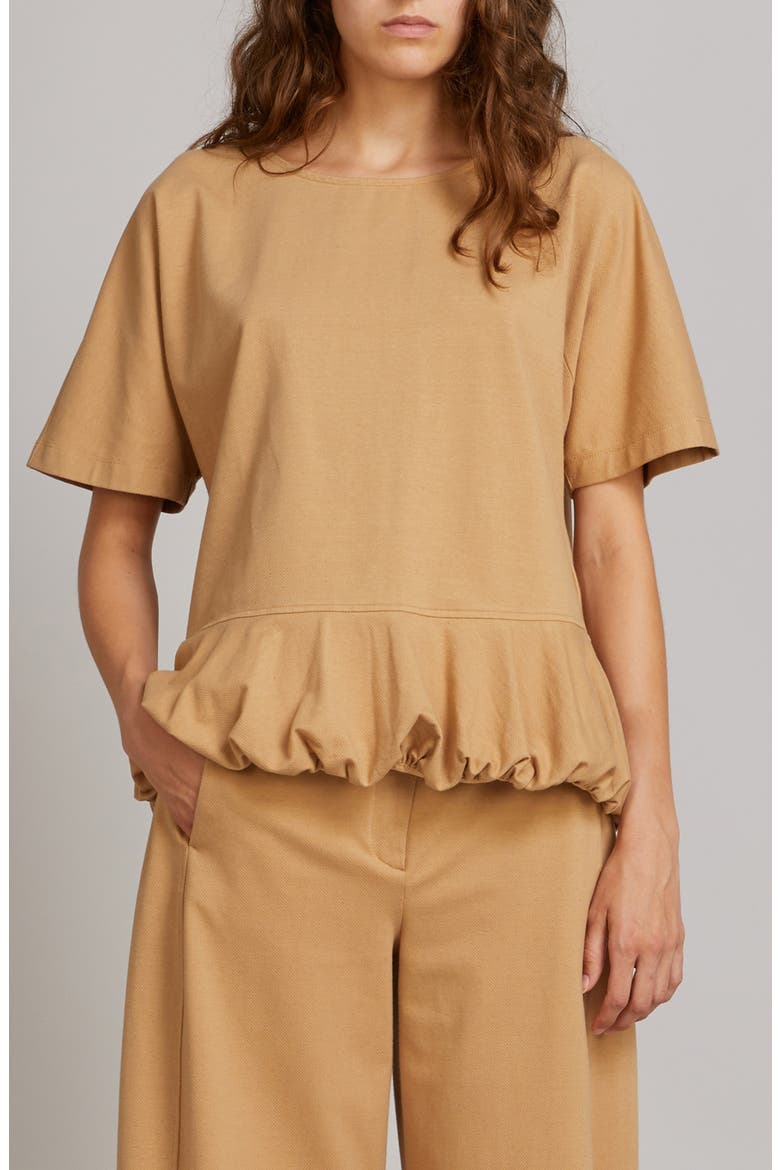 Jersey Bubble Hem Cotton & Linen Blend Top, Main, color, CAMEL