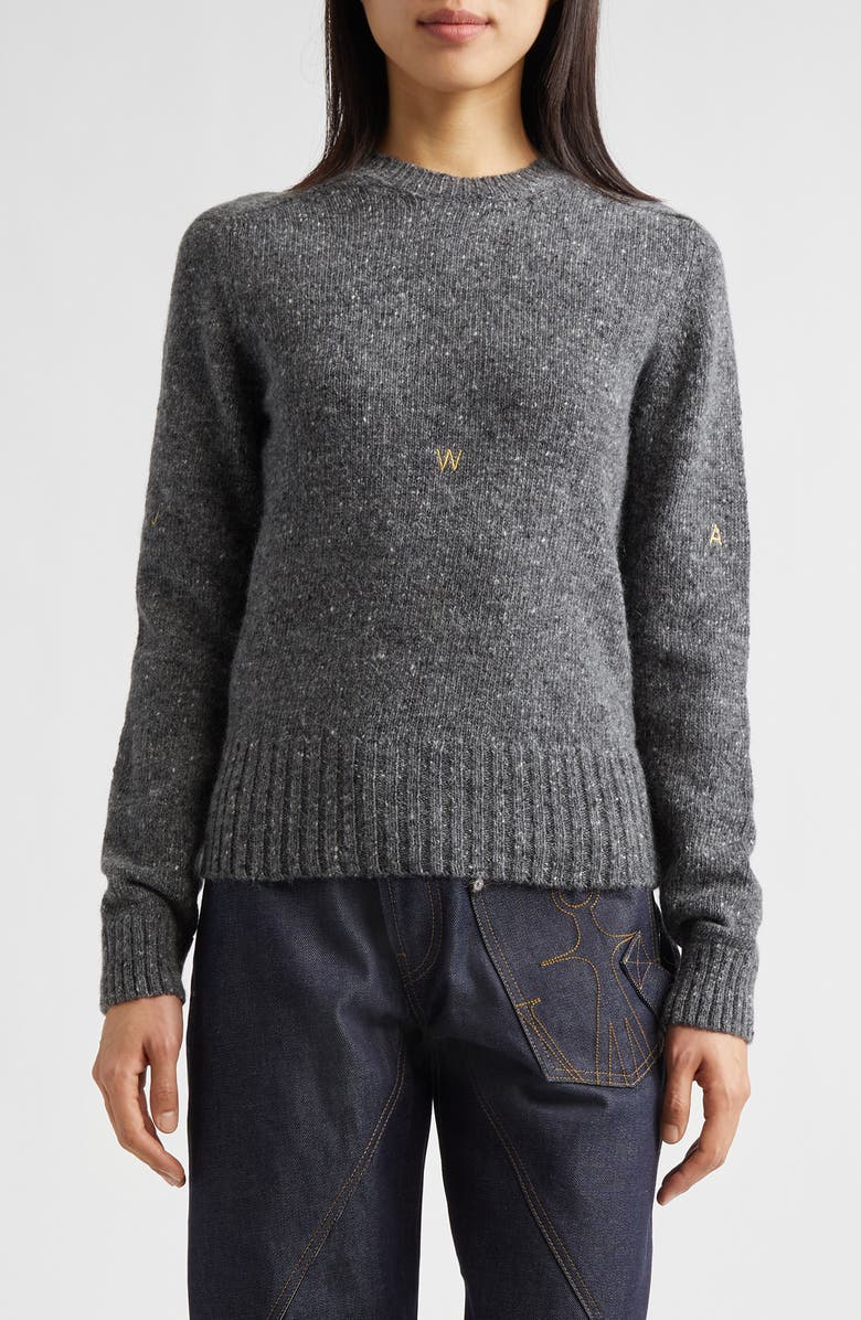 JW Anderson Monogram Embroidered Wool & Mohair Sweater, Main, color, Charcoal Melange