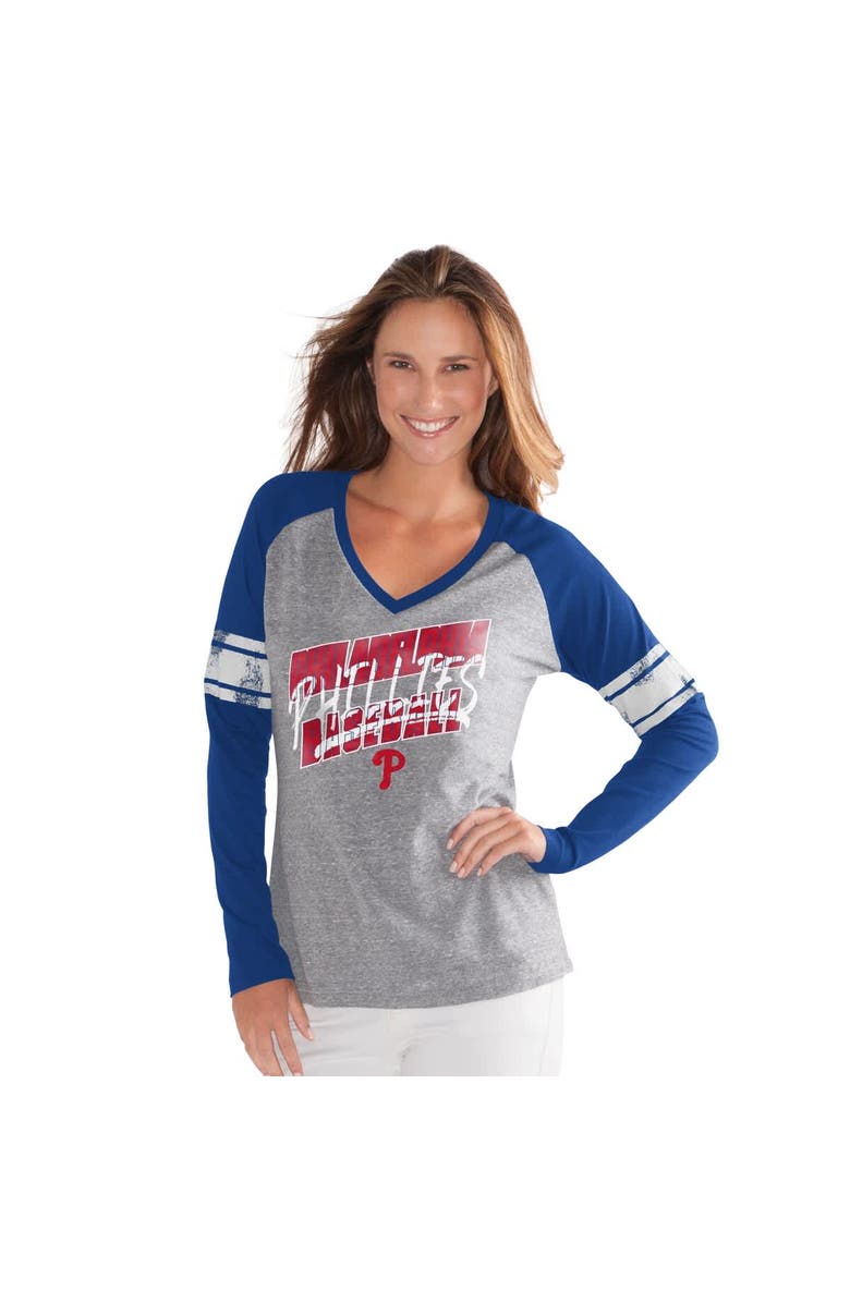 G-III 4HER BY CARL BANKS Women's G-III 4Her by Carl Banks Royal Philadelphia Phillies The Franchise Tri-Blend Raglan V-Neck Long Sleeve T-Shirt, Alternate, color,