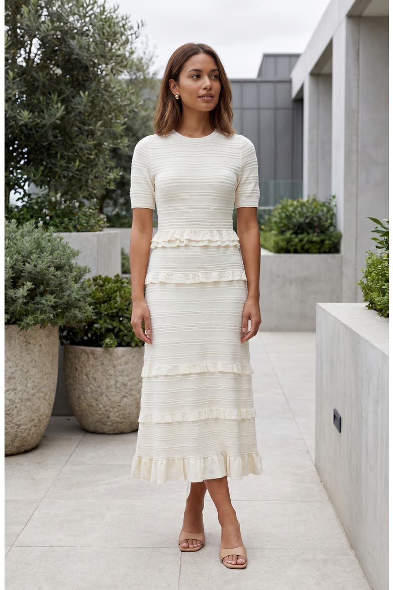 Textured Ruffle Trim Knit Midi Dress, Alternate, color, White