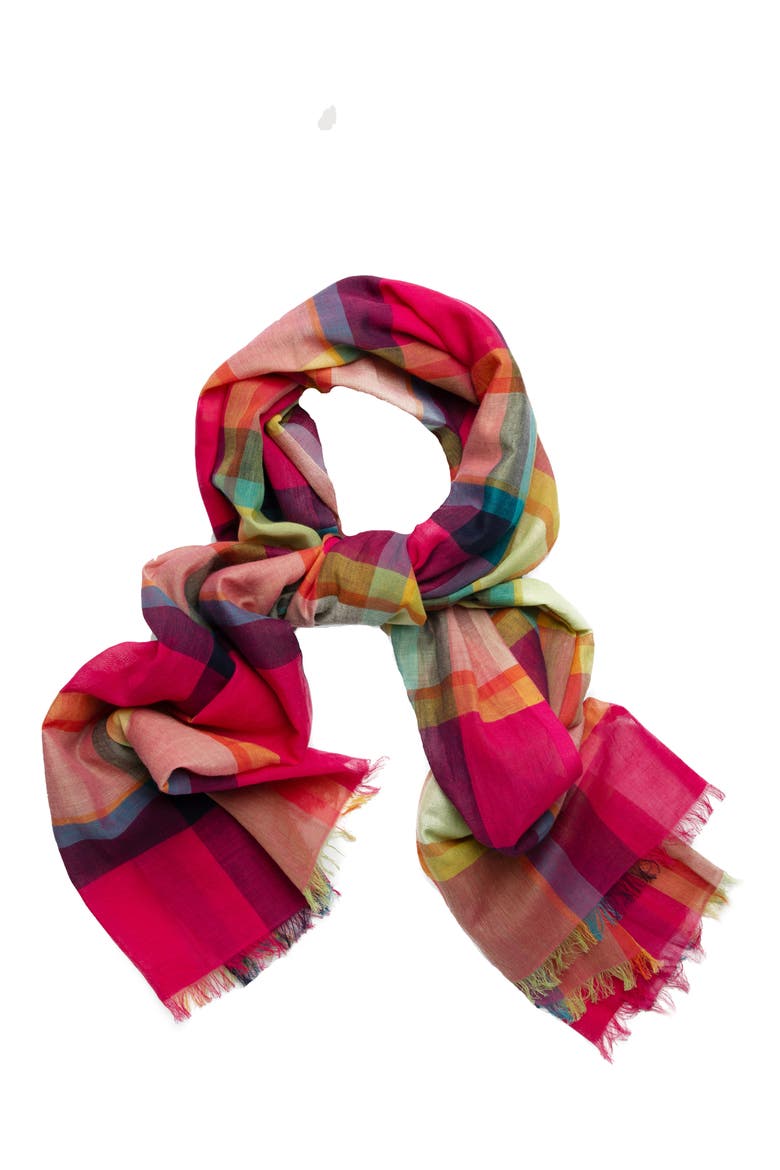 Plaid Fringe Scarf, Alternate, color, FUCHSIA