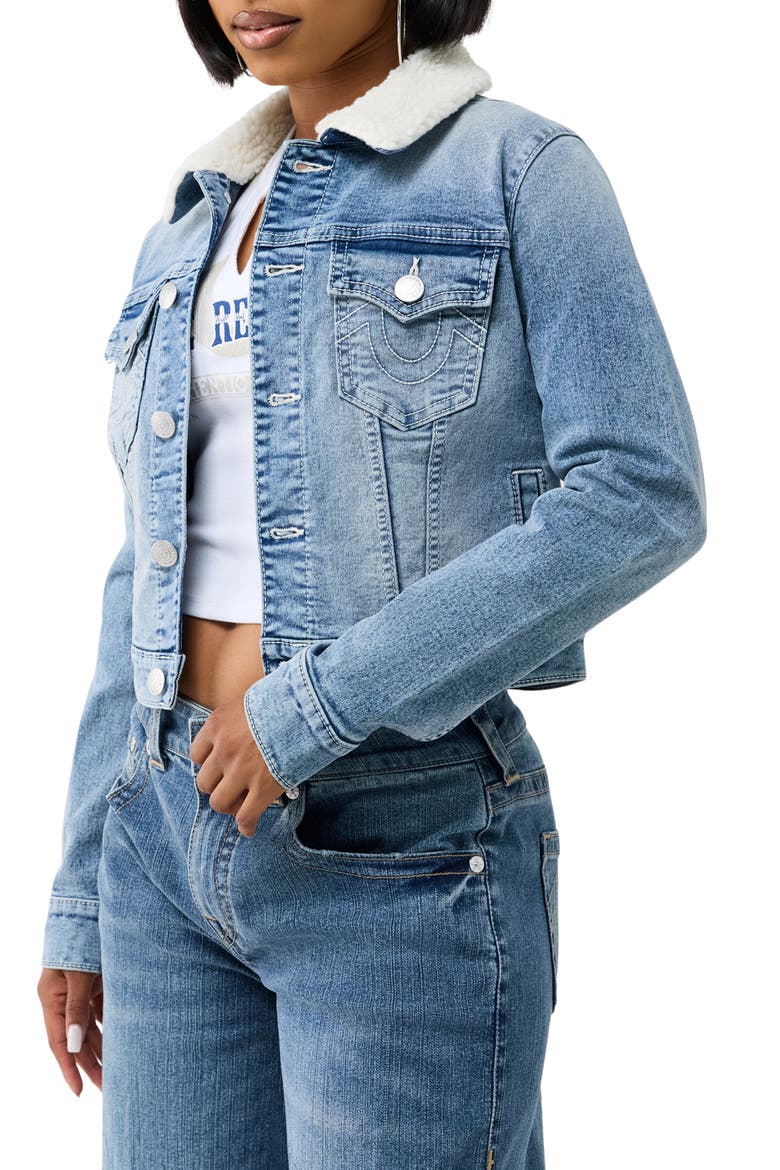Jesse Cropped Faux Shearling Collar Denim Jacket, Alternate, color, LIGHT BUCKING WASH