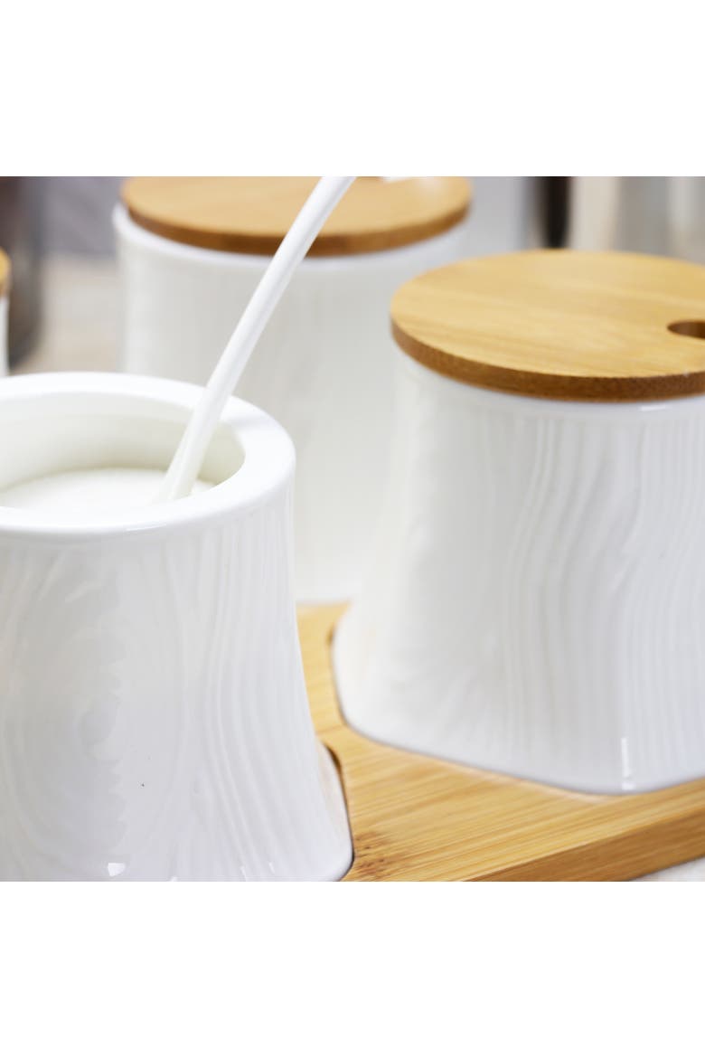 Ceramic Spice, Jam and Salsa Jars with Wood Lids & Serving Spoons, Alternate, color, White