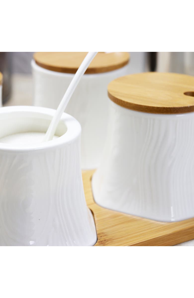 Elama Ceramic Spice, Jam and Salsa Jars with Wood Lids & Serving Spoons, Alternate, color, White