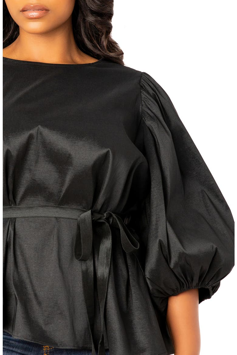 Tie Waist Voluminous Elbow Sleeve Taffeta Peplum Top, Alternate, color, BLACK