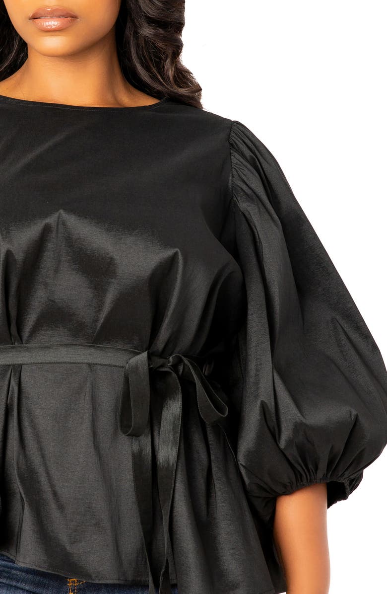 BUXOM COUTURE Tie Waist Voluminous Elbow Sleeve Taffeta Peplum Top, Alternate, color, Black