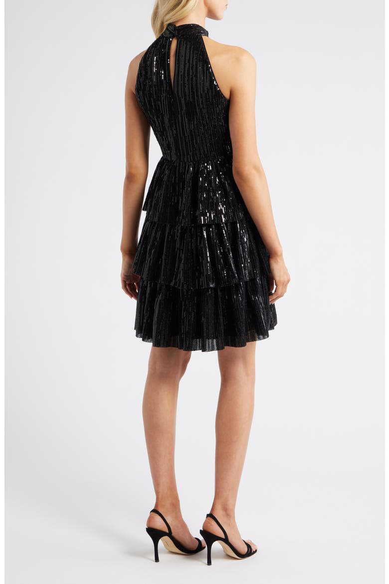 Sequin Tiered Halter Party Dress, Alternate, color, BLACK