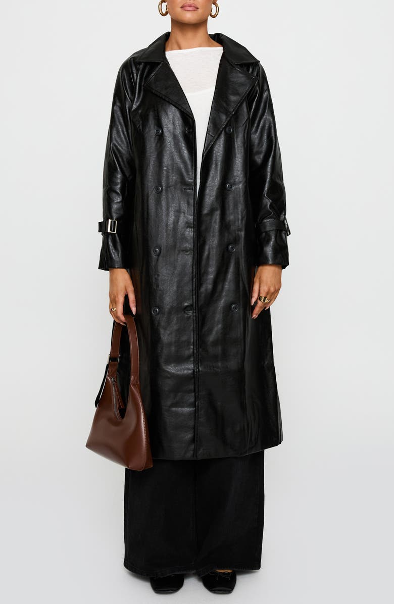 Princess Polly Montanna Double Breasted Belted Faux Leather Trench Coat, Main, color,